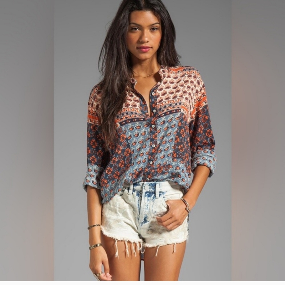 Free People Caravan Patchwork Buttonup Blouse Size Small